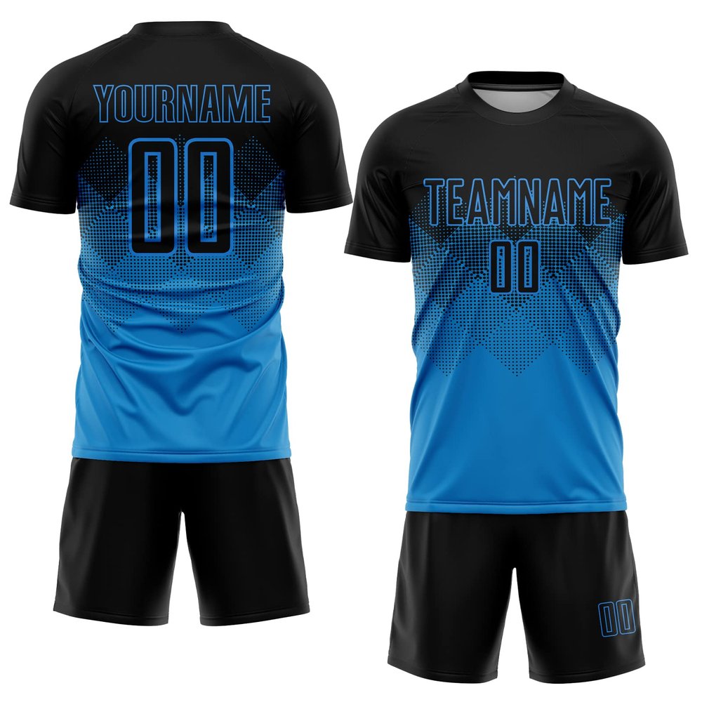 Custom Soccer Jerseys Sets Light Blue and Black Personalized Round Neck Team Uniforms for Men Youth Women, Design Your Own Casual Sports T-Shirt and Shorts with Name Number Print Front and Back