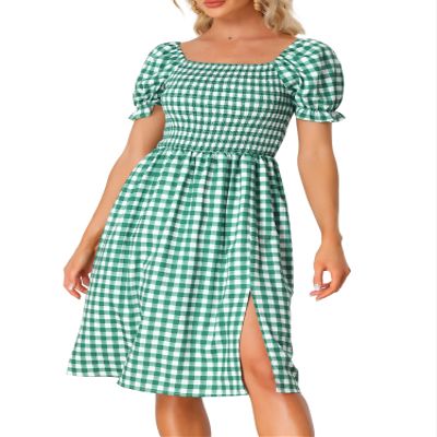 Allegra K Halloween Costumes Gingham Smocked Dress for Women's Square Neck Side Slit Casual Plaid Dresses X-Small Green