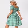 Allegra K Halloween Costumes Gingham Smocked Dress for Women's Square Neck Side Slit Casual Plaid Dresses X-Small Green view 4