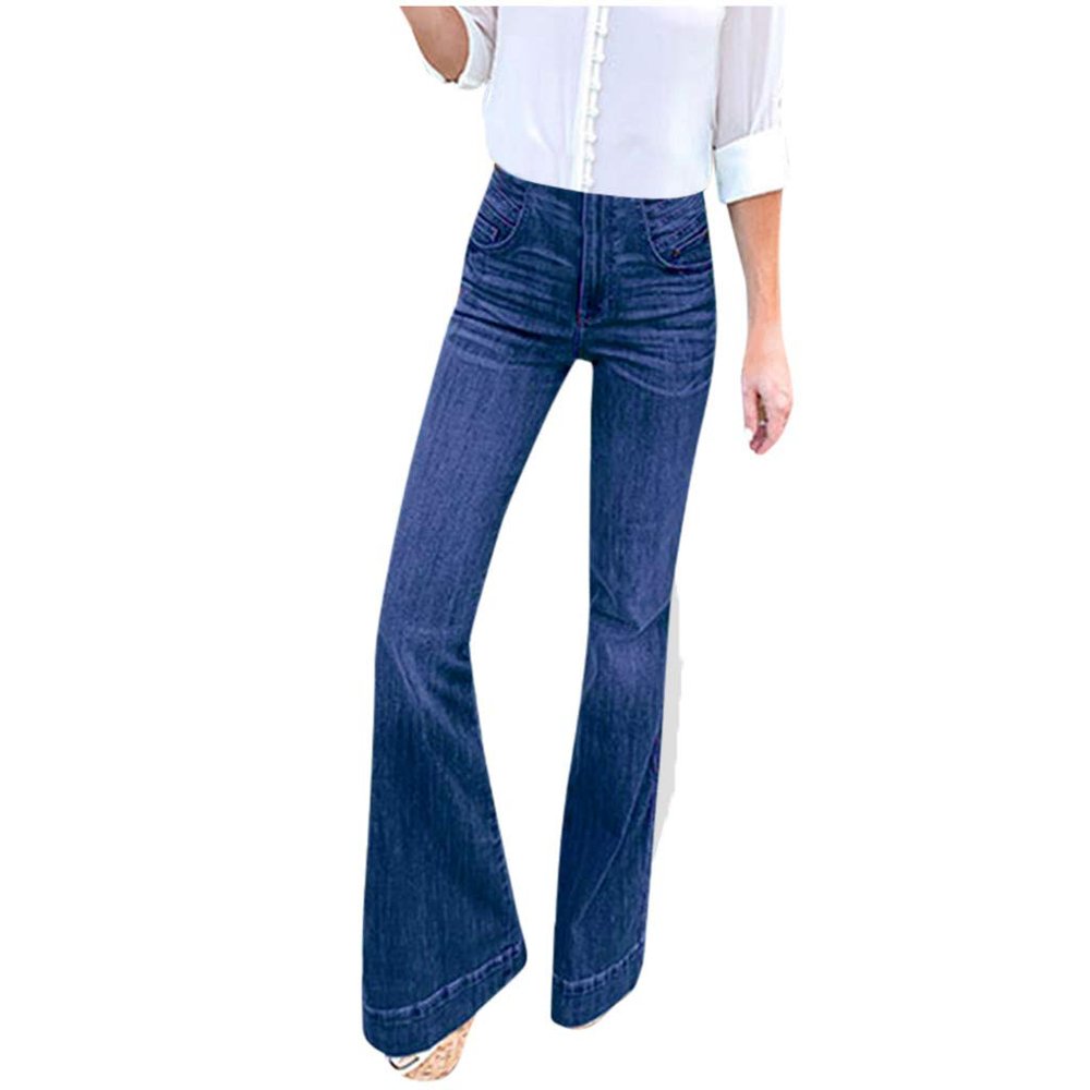 GOKKILRW Women's Bell Bottom Jeans Elastic Waist Ripped Flared Jeans Casual Wide Leg Denim Pants Teen Girls Bootcut Ankle Jeans Dark Blue