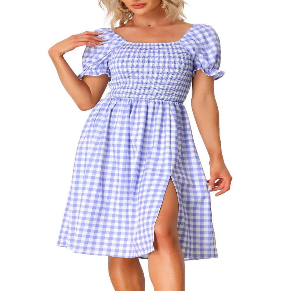 Allegra K Halloween Costumes Gingham Smocked Dress for Women's Square Neck Side Slit Casual Plaid Dresses X-Small Purple