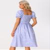 Allegra K Halloween Costumes Gingham Smocked Dress for Women's Square Neck Side Slit Casual Plaid Dresses X-Small Purple view 2