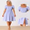 Allegra K Halloween Costumes Gingham Smocked Dress for Women's Square Neck Side Slit Casual Plaid Dresses X-Small Purple view 3
