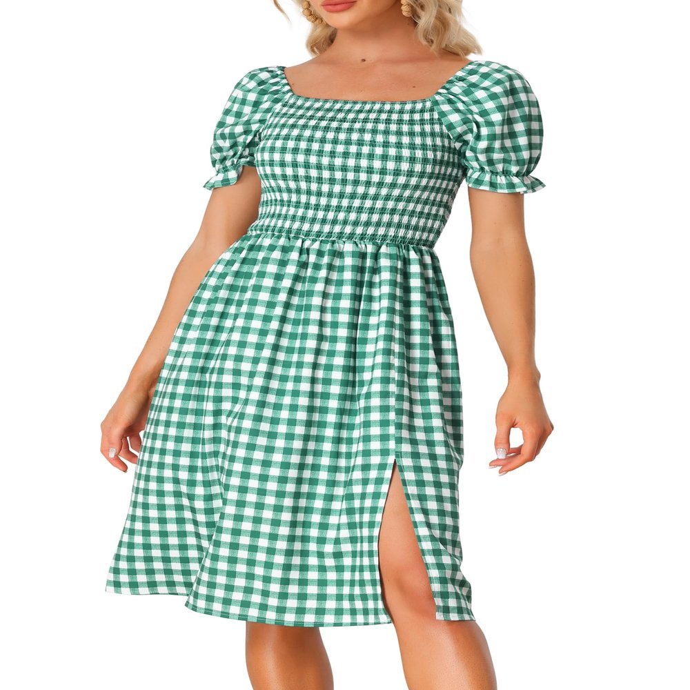 Allegra K Halloween Costumes Gingham Smocked Dress for Women's Square Neck Side Slit Casual Plaid Dresses X-Large Green