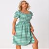 Allegra K Halloween Costumes Gingham Smocked Dress for Women's Square Neck Side Slit Casual Plaid Dresses X-Large Green view 3