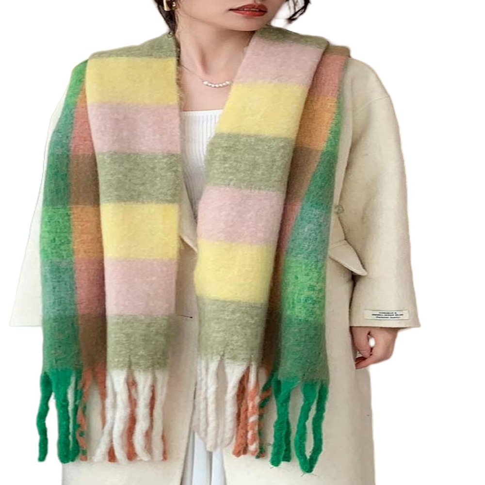 Wander Agio Winter Women Warm Scarf Long Shawl Large Scarves Cold Weather Thick Blanket Scarfs Colorful Plaid Green Pink 19