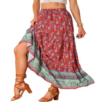 Allegra K Boho Skirt for Women's Flare Bohemian Floral Elastic Waist Flowy A-Line Vintage Casual Maxi Skirt Large Red