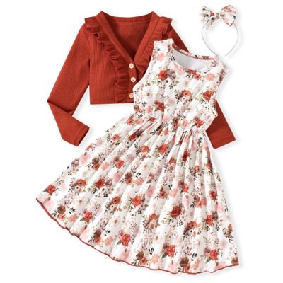 HINTINA 2T Toddler Little Girls Dress with Cardigan Floral Flower Print Sleeveless Tangerine Dress and Long Sleeve Waffle Cardigan Set Fall Winter Outfits 2-3T