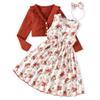 HINTINA 2T Toddler Little Girls Dress with Cardigan Floral Flower Print Sleeveless Tangerine Dress and Long Sleeve Waffle Cardigan Set Fall Winter Outfits 2-3T view 1