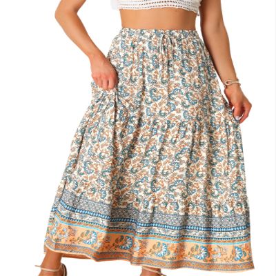 Allegra K Boho Skirt for Women's Flare Bohemian Floral Elastic Waist Flowy A-Line Vintage Casual Maxi Skirt Small Beige