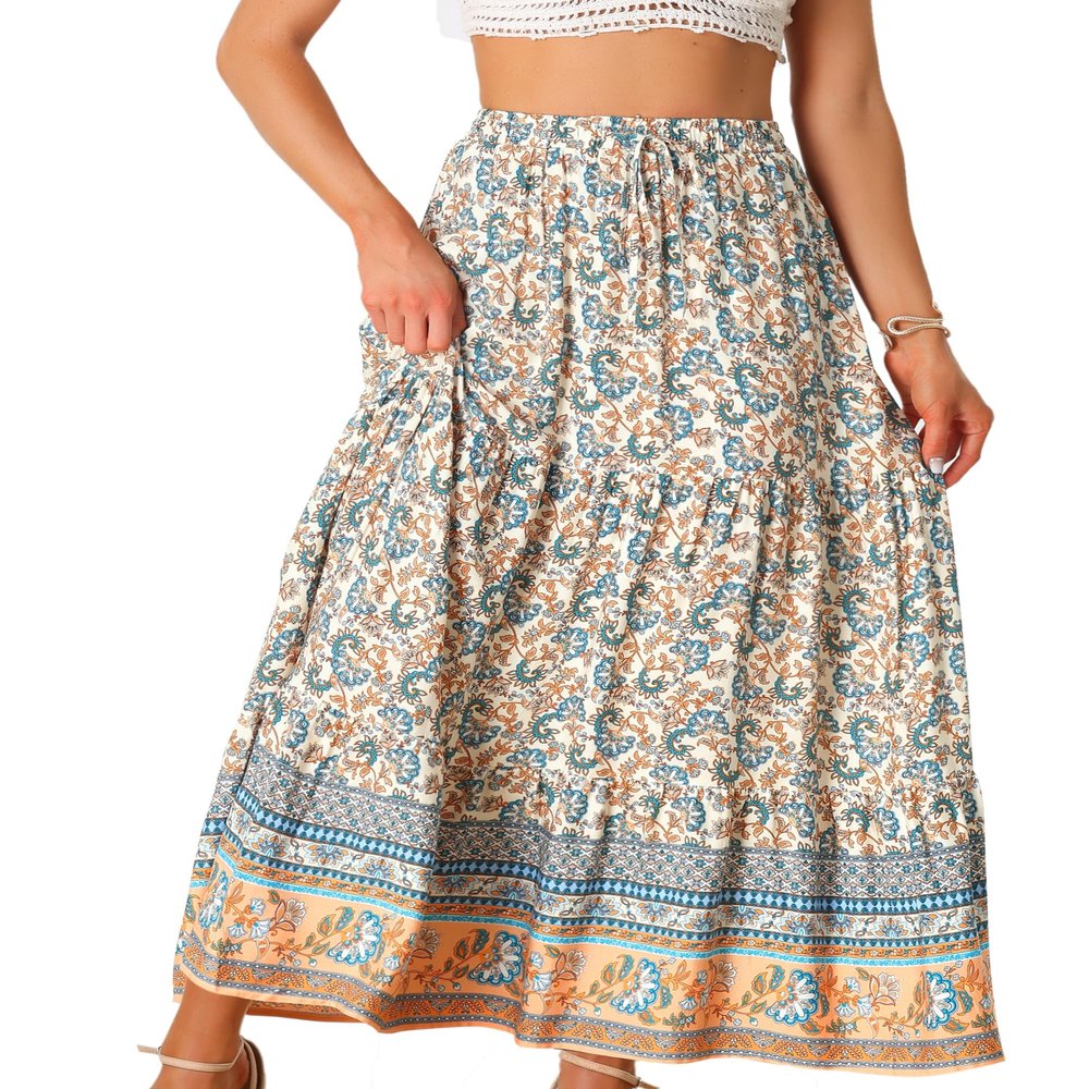 Allegra K Boho Skirt for Women's Flare Bohemian Floral Elastic Waist Flowy A-Line Vintage Casual Maxi Skirt Small Beige