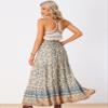 Allegra K Boho Skirt for Women's Flare Bohemian Floral Elastic Waist Flowy A-Line Vintage Casual Maxi Skirt Small Beige view 3