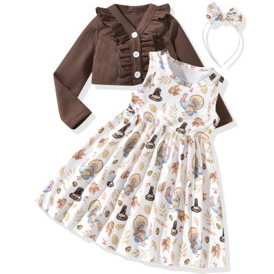 2T Toddler Little Girls Thanksgiving Dress with Cardigan Turkey Print Sleeveless Dress and Long Sleeve Waffle Cardigan Set Fall Winter Outfits 2-3T