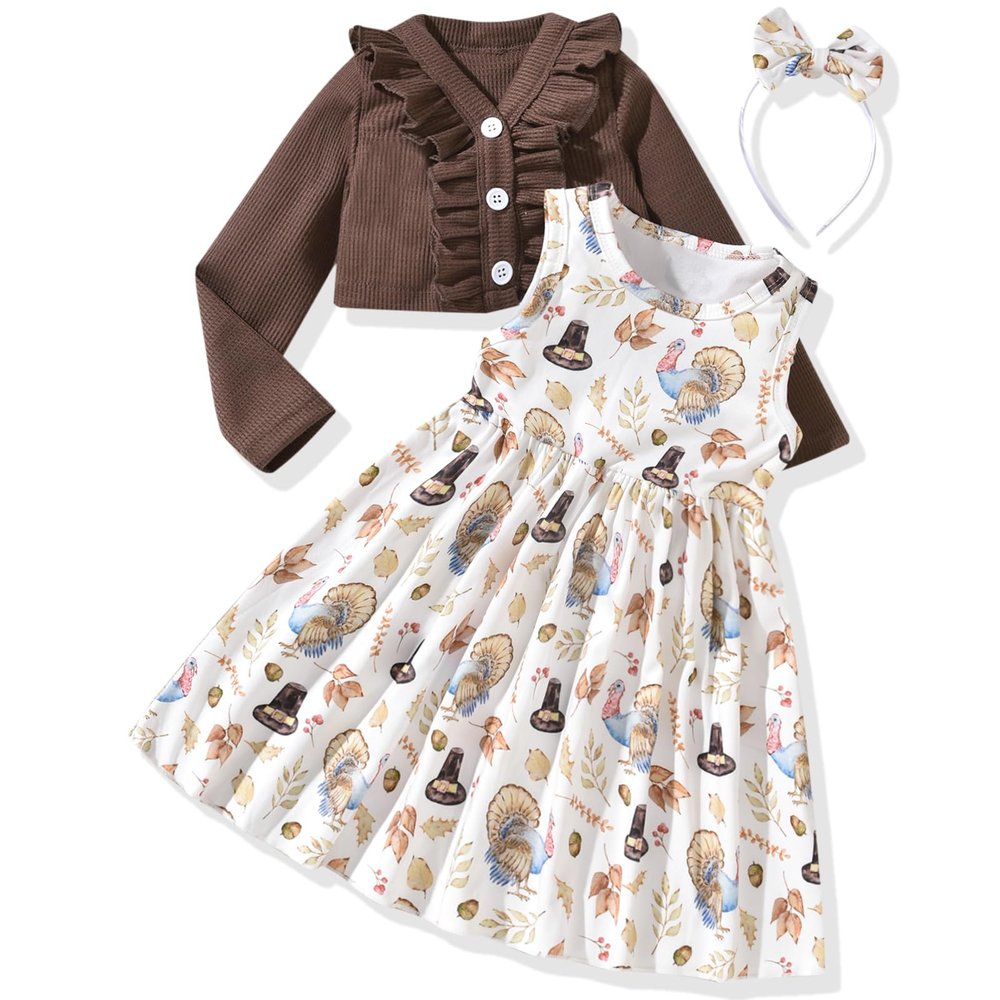 2T Toddler Little Girls Thanksgiving Dress with Cardigan Turkey Print Sleeveless Dress and Long Sleeve Waffle Cardigan Set Fall Winter Outfits 2-3T