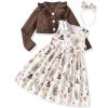 2T Toddler Little Girls Thanksgiving Dress with Cardigan Turkey Print Sleeveless Dress and Long Sleeve Waffle Cardigan Set Fall Winter Outfits 2-3T view 1