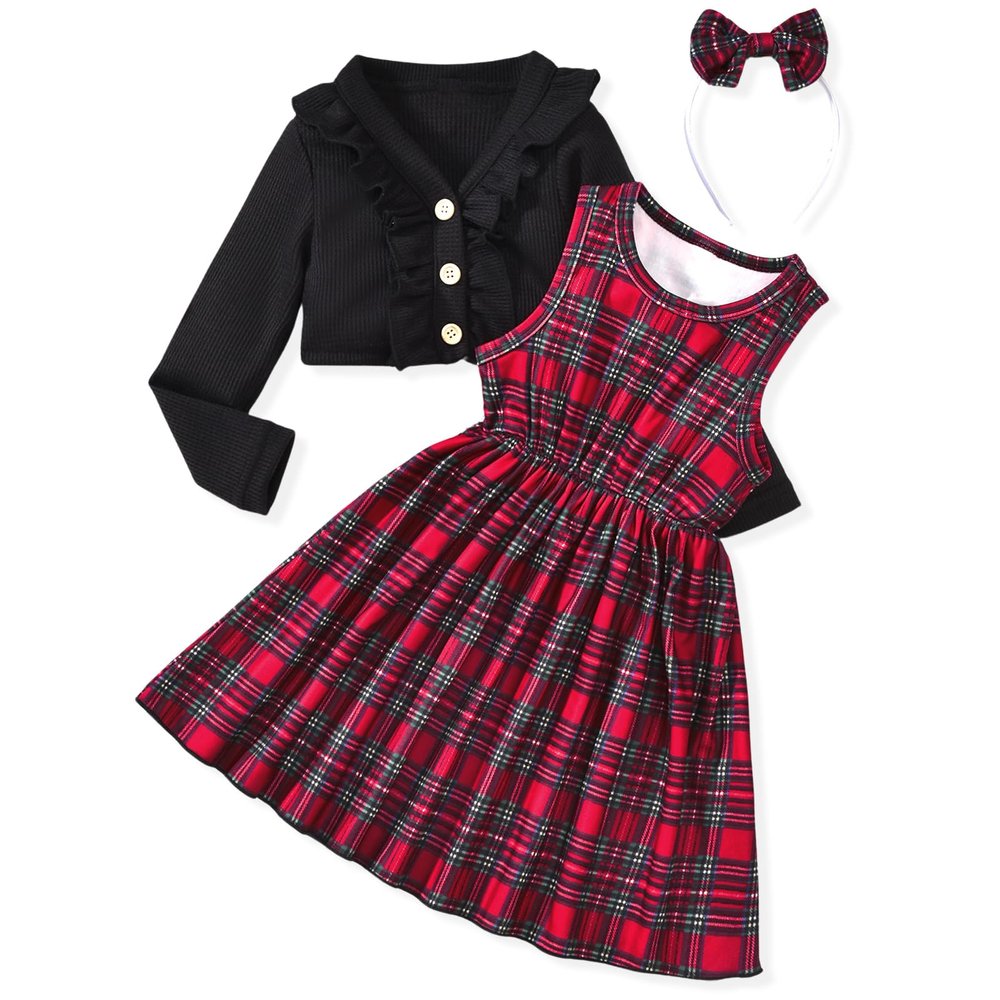 5T Toddler Little Girls Christmas Dress with Cardigan Plaid Sleeveless Sundress and Long Sleeve Waffle Cardigan Set Fall Winter Xmas Outfits 5-6T Years Black
