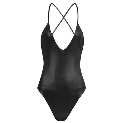 Rswnyirn Women's Shiny Leather Metallic Camisole Dance Leotard Bodysuit One Piece Monokini Swimsuit Black X-Large