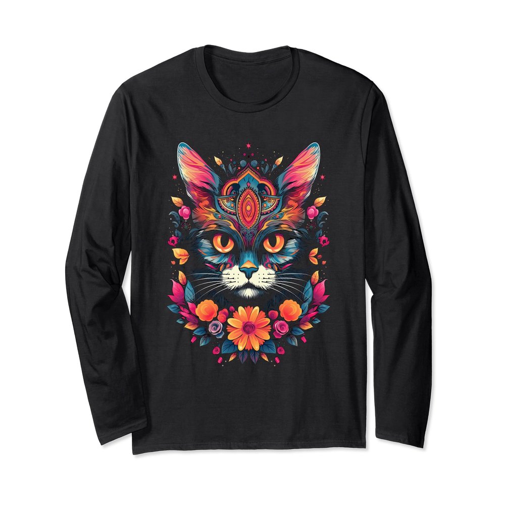 Floral Mexican Cat Day of the Dead Dia De Muertos Women Long Sleeve T-Shirt