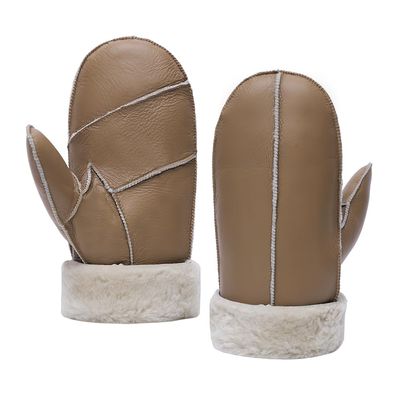 MGGMOKAY Men Leather Mittens Shearling Sheepskin Fur Lined Winter Mitten Gloves,Camel,S