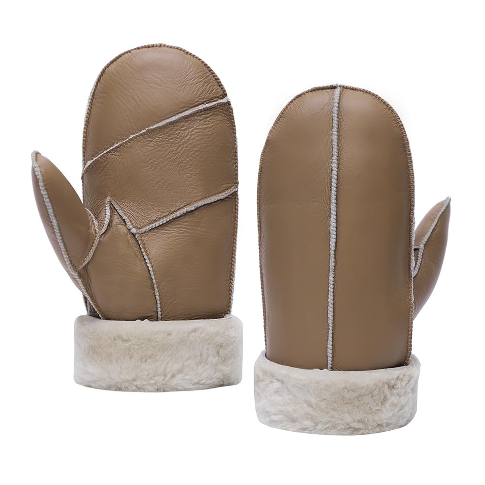 MGGMOKAY Men Leather Mittens Shearling Sheepskin Fur Lined Winter Mitten Gloves,Camel,S