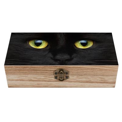 Yellow-Eyed Black Cat Wooden Box with Hinged Lid Decorative Jewelry Box Storage Box for Home Office