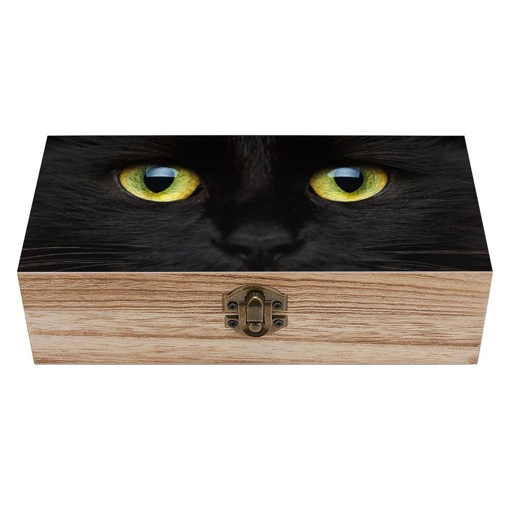 Yellow-Eyed Black Cat Wooden Box with Hinged Lid Decorative Jewelry Box Storage Box for Home Office