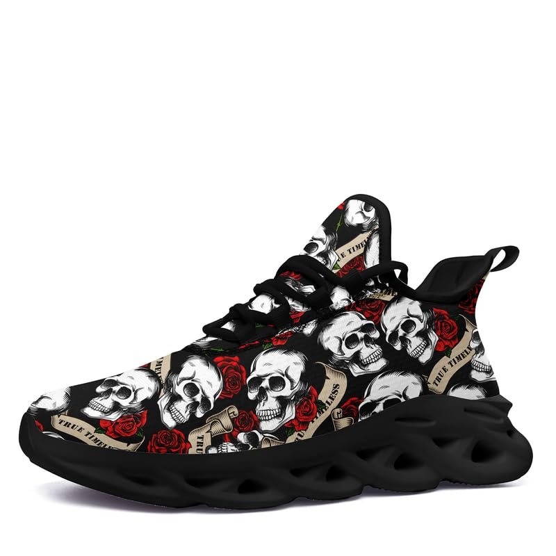coolcustomize Men's Gothic Skull Running Shoes, Punk Rock Breathable Cushion Sports Walking Sneakers Gym Jogging Tennis Shoes