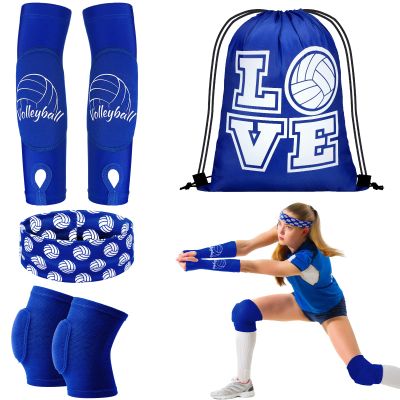 Yinder 4 Pcs Volleyball Knee Pad and Arm Sleeve Volleyball Accessories Stuff Forearm Elbow Sleeve Wrist Guard with Protection Pad and Thumb Hole for Women Men Adult(Medium,Blue)