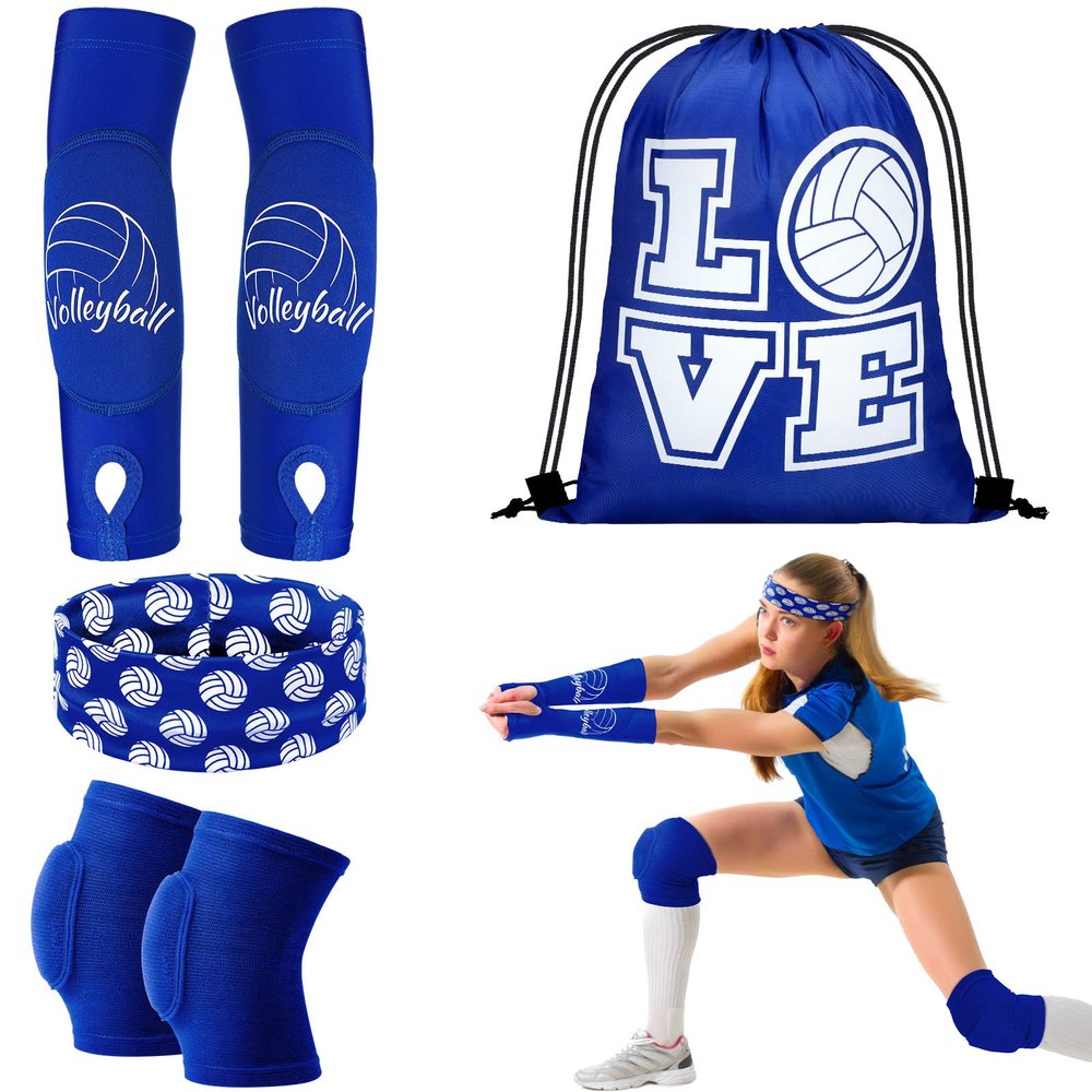 Yinder 4 Pcs Volleyball Knee Pad and Arm Sleeve Volleyball Accessories Stuff Forearm Elbow Sleeve Wrist Guard with Protection Pad and Thumb Hole for Women Men Adult(Medium,Blue)