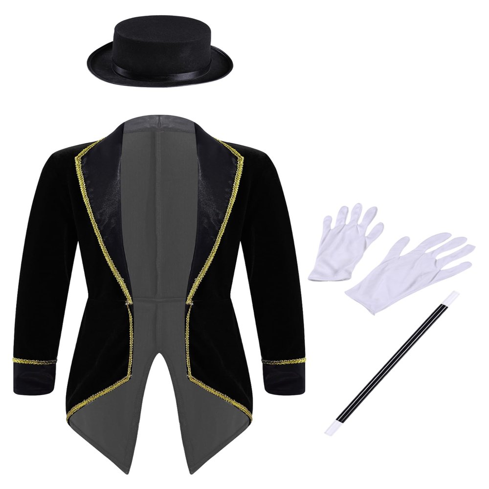 Hansber Kids Boys Prince Roleplay Outfits Circus Magician Tuxedo Jacket with Accessories Set for Stage Party Black 16 Years
