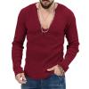 xoxingysm Men's Long Sleeve Ribbed Knit Trendy Deep V Neck Solid Color Tee Shirt Top Slim Fit Soft Comfy Golf T-Shirts(Wine,X-Large) view 2