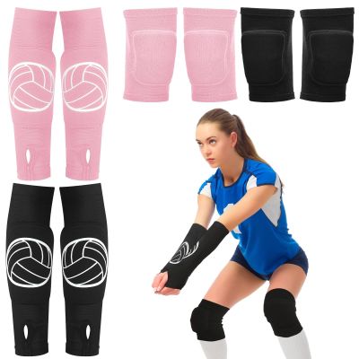 Sosation 2 Set Volleyball Knee Pads and Volleyball Arm Sleeves with Protection Pad Compression Forearm Wrist Guard with Thumb Hole Soft Breathable for Hitting Passing(Black, Pink)