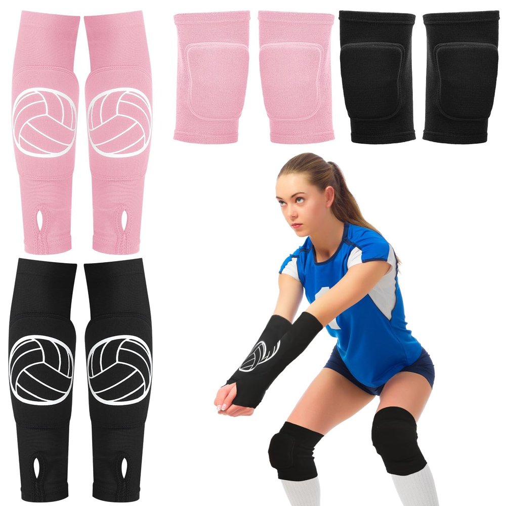 Sosation 2 Set Volleyball Knee Pads and Volleyball Arm Sleeves with Protection Pad Compression Forearm Wrist Guard with Thumb Hole Soft Breathable for Hitting Passing(Black, Pink)