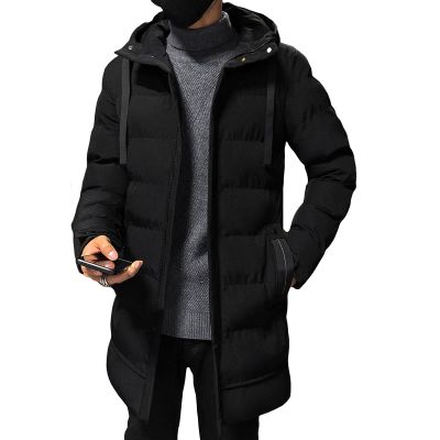 Mens Slim Fit Hooded Padded Coat Mid Length Warm Winter Quilted Puffer Jacket Windproof Thicken Down Outwear (Black,Large)
