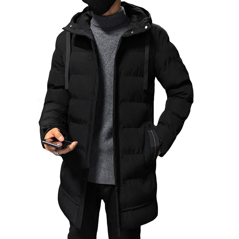 Mens Slim Fit Hooded Padded Coat Mid Length Warm Winter Quilted Puffer Jacket Windproof Thicken Down Outwear (Black,Large)