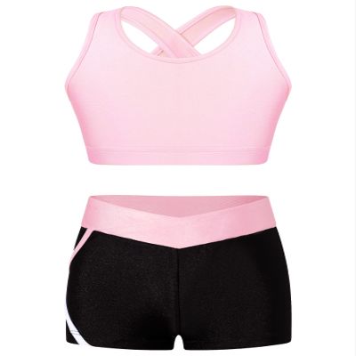 YiZYiF Kids Girls 2 Piece Gymnastic Outfit Straps Criss Cross Tank Top with Booty Shorts Dance Athletic Clothing Sets Pink 4 Years