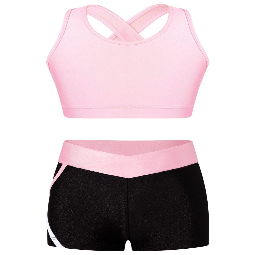YiZYiF Kids Girls 2 Piece Gymnastic Outfit Straps Criss Cross Tank Top with Booty Shorts Dance Athletic Clothing Sets Pink 4 Years