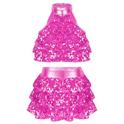 TSSOE Girls Glitter Sequins Layered Crop Top with Mini Skirt Latin Jazz Salsa Samba Dance Costume Hot Pink 9-10 Years