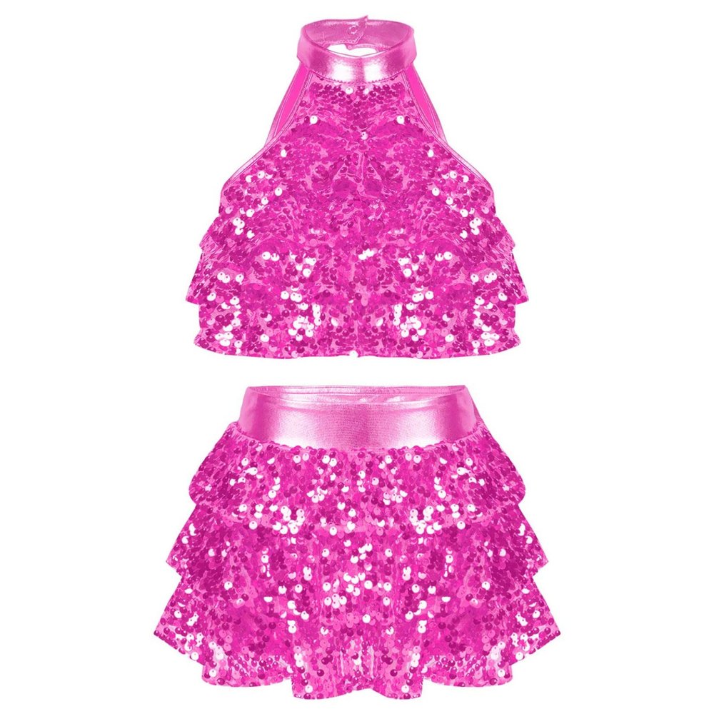 TSSOE Girls Glitter Sequins Layered Crop Top with Mini Skirt Latin Jazz Salsa Samba Dance Costume Hot Pink 9-10 Years