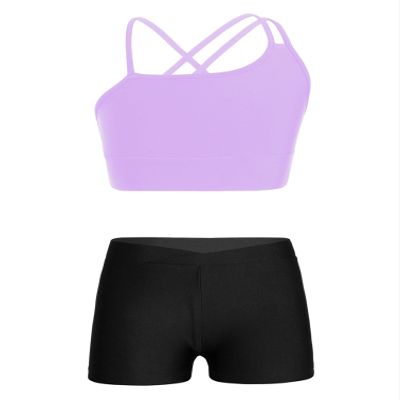 YiZYiF Kids Girls 2PCS Dancing Clothing Sets Sleeveless Criss Cross Crop Top and Booty Shorts Gymnastic Ballet Outfit Lavender&Black 14 Years