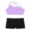 YiZYiF Kids Girls 2PCS Dancing Clothing Sets Sleeveless Criss Cross Crop Top and Booty Shorts Gymnastic Ballet Outfit Lavender&Black 14 Years view 4