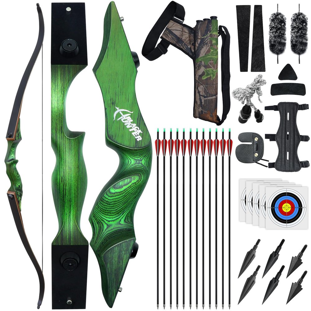 60"Archery Recurve Bow for Adults Set With 12 Pcs Carbon Arrows Bow String Bow Limbs Silencer Set Arrow Rest Plate Arrow Quiver 6 Pcs Hunting Arrows Tips Right Hand Hunting Bow Set for Adults (60 lbs)