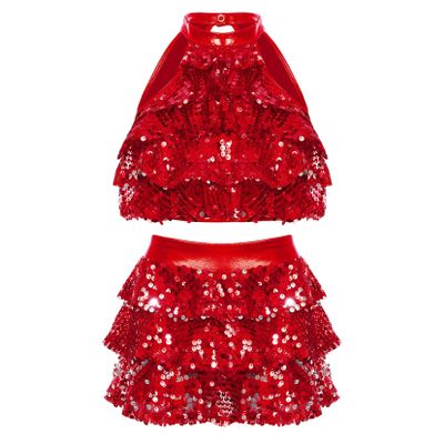 TSSOE Girls Glitter Sequins Layered Crop Top with Mini Skirt Latin Jazz Salsa Samba Dance Costume Red 9-10 Years