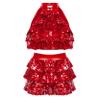 TSSOE Girls Glitter Sequins Layered Crop Top with Mini Skirt Latin Jazz Salsa Samba Dance Costume Red 9-10 Years view 1