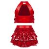 TSSOE Girls Glitter Sequins Layered Crop Top with Mini Skirt Latin Jazz Salsa Samba Dance Costume Red 9-10 Years view 2