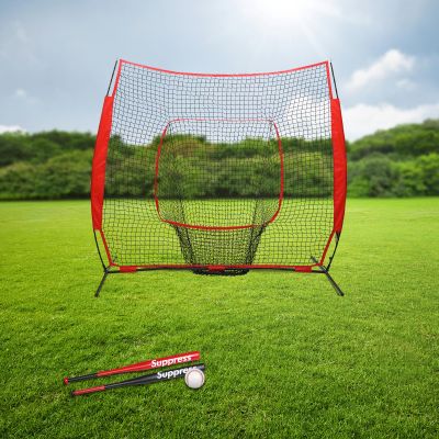 7 x 7 ft Baseball&Softball Hitting Pitching Net Portable Baseball Backstop Softball Practice Net with Carrying Bag for All Skill Levels to Pitching and Fielding Training (Red)