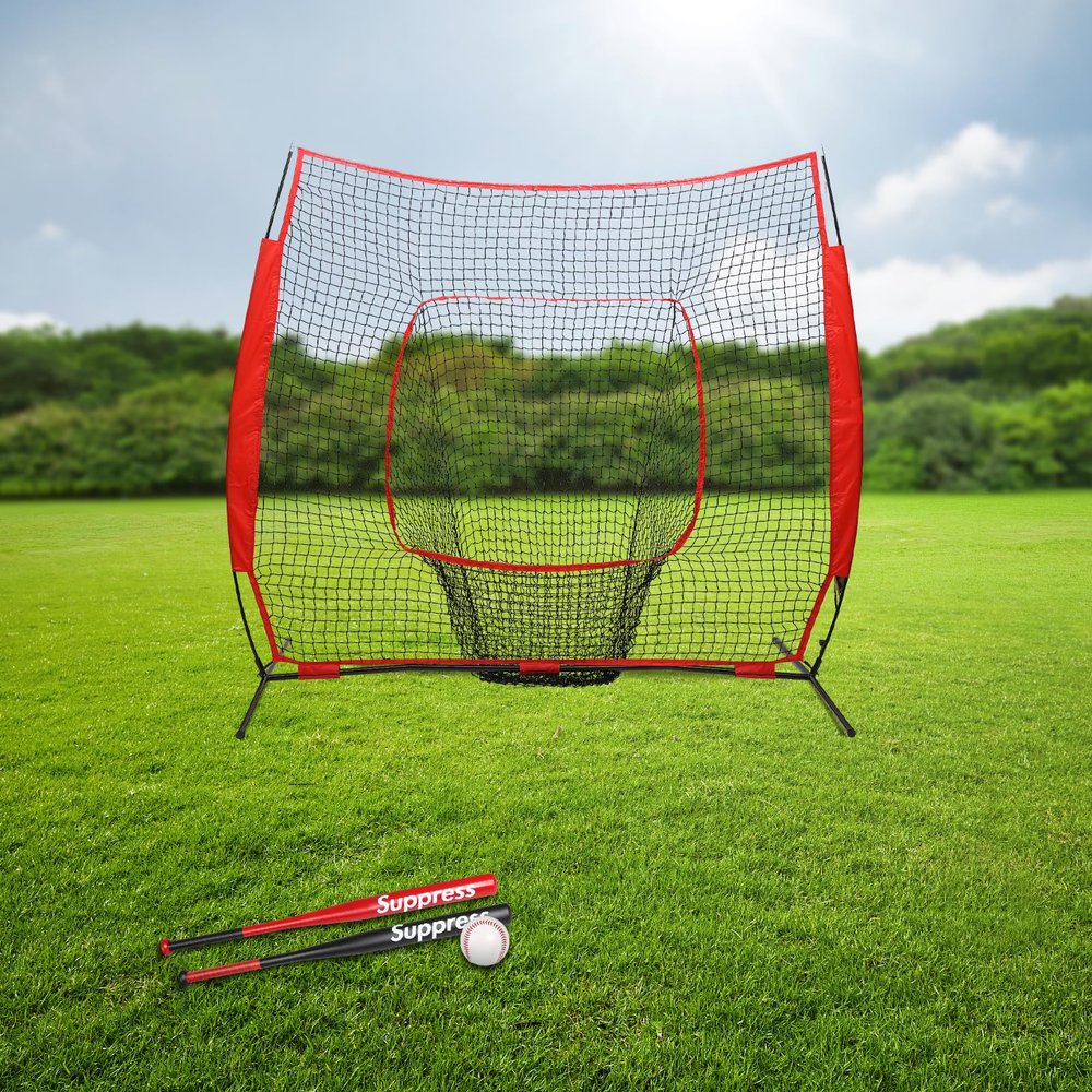 7 x 7 ft Baseball&Softball Hitting Pitching Net Portable Baseball Backstop Softball Practice Net with Carrying Bag for All Skill Levels to Pitching and Fielding Training (Red)