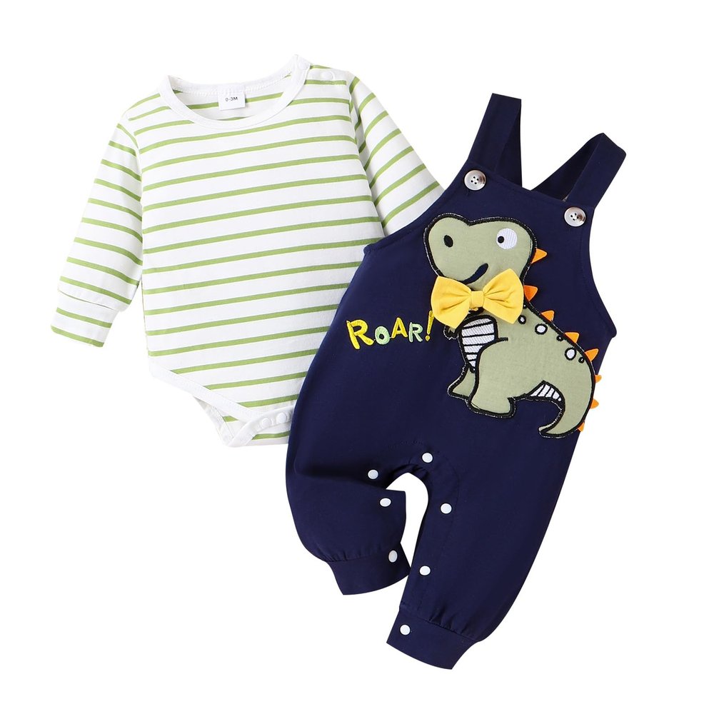TOKIAGO Baby Boy Clothes 3-6 Months Fall Winter Outfits Long Sleeve Green Striped Romper Infant Cute Dinosaur Overall Adjustable Suspender Pants Set 3-6 Months