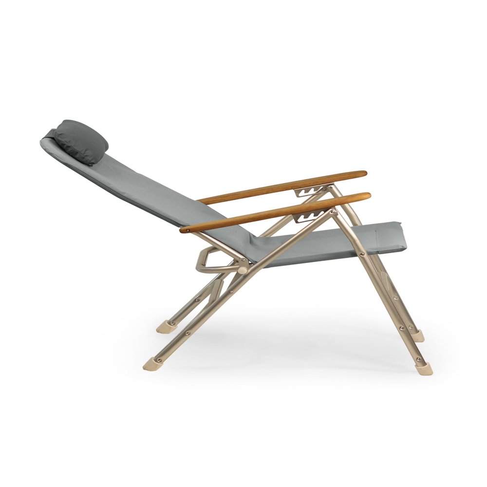 FORMA MARINE Aluminum Folding Reclining Boat Chair with Iroko Armrests Uniform Gray Fabric R120G