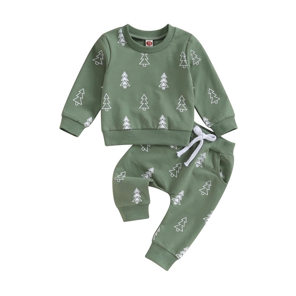 Hnyenmcko Baby Boy Christmas Outfit Long Sleeve Letter Print Crewneck Sweatshirt + Pants Winter Toddler Christmas Clothes (Christmas Tree-Green, 6-12 Months)